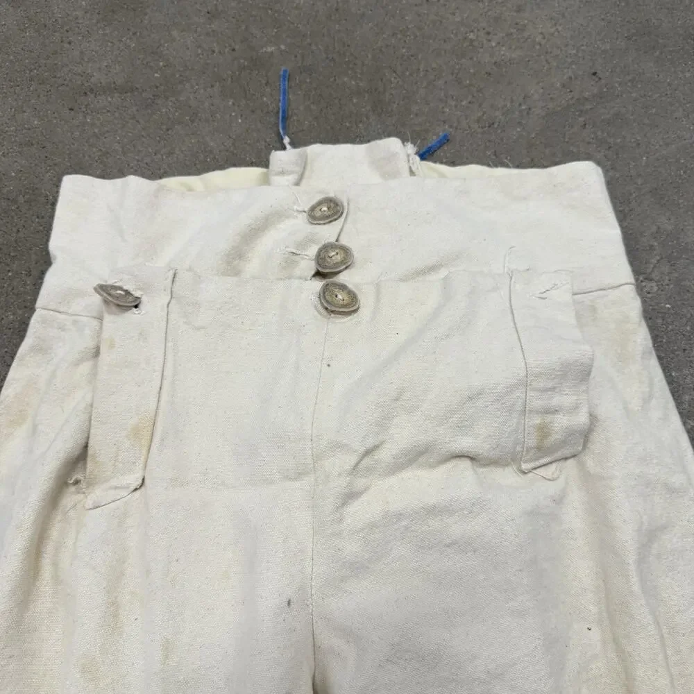 Vintage 1930s French Linen Sailor Fall Front Ivory Pants 29x31.5 Back Lace Up